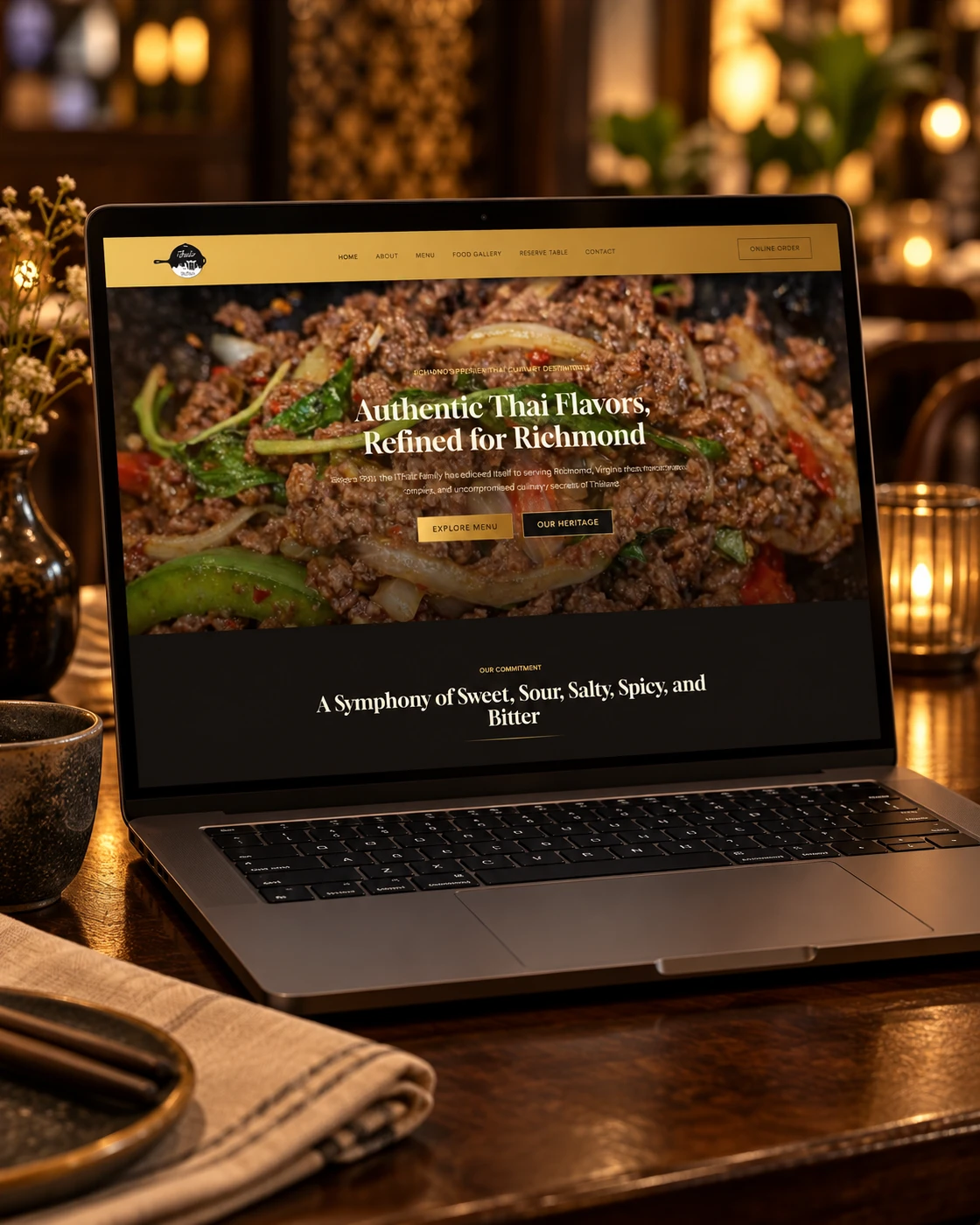 ตัวอย่างหน้าเว็บไซต์ ร้านอาหารไทย · Richmond, USA บนหน้าจอคอมพิวเตอร์
